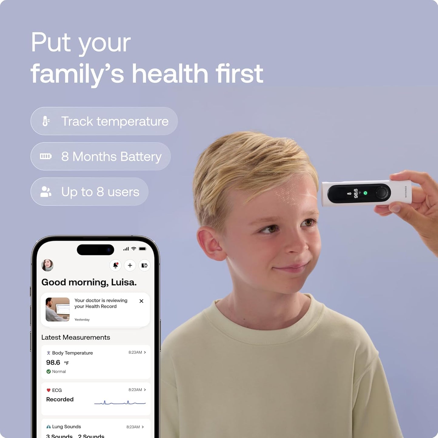WITHINGS BeamO - Contactless Smart Digital Thermometer, MultiScan Device, ECG Monitor, Digital Stethoscope, Children & Adults, Multi-User, Family Care
