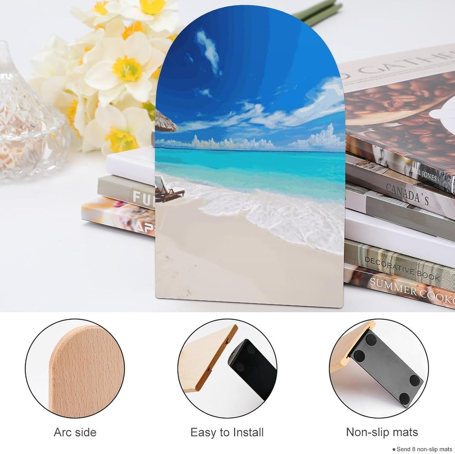 Non-Slip Bookend for Shelves White Beach Tropical Sea Wooden Bookends with Metal Base Decorative Book Stopper for Home Heavy Duty Wood Book Storage for Books/CDs
