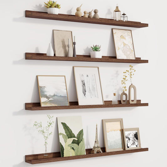 Fun Memories Picture Ledge Shelf for Wall, Floating Shelves Set of 4, 36 Inch Long Nursery Book Shelves for Toys Storage, Kids Bookshelf Wall Mounted for Books Photo Frames, Walnut