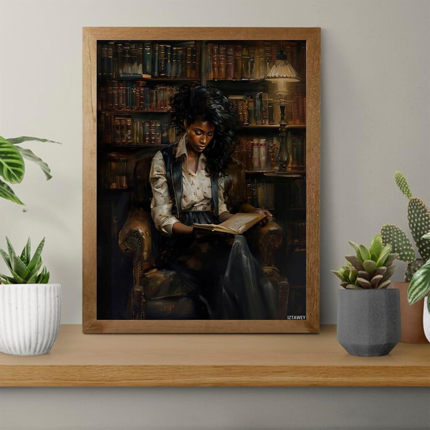 IZTAWEY Vintage Black Reading A Book Poster African American Print Black Woman Art Library Wall Decor Retro Female Portrait Oil Painting Bedroom Gallery Decor Aesthetic Poster Unframed 12x16inch
