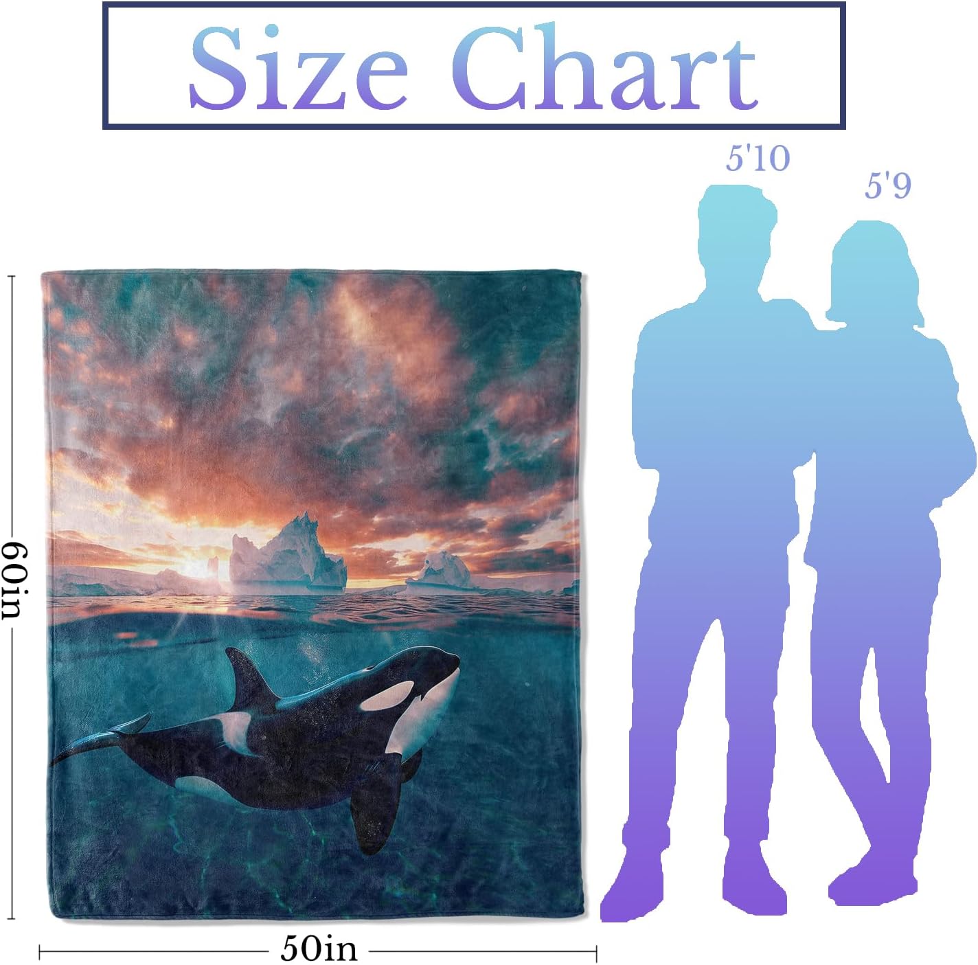 Orca Ocean Flannel Throw Blanket 50x60 Inch, Realistic Killer Whale Underwater with Iceberg and Sunset Sky Blankets Soft Cozy Fleece Throws for Marine Lover Bed Sofa Living Room Decor Gifts