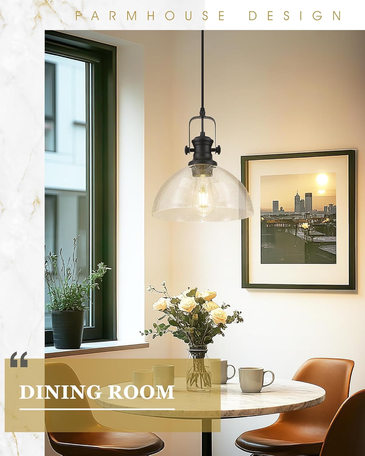 Black Pendant Lights Kitchen Island, 10.5" Farmhouse Pendant Lighting with Clear Seeded Glass Shade, Vintage Hanging Light Fixtures for Dining Room, AD-22151-1PL-BK