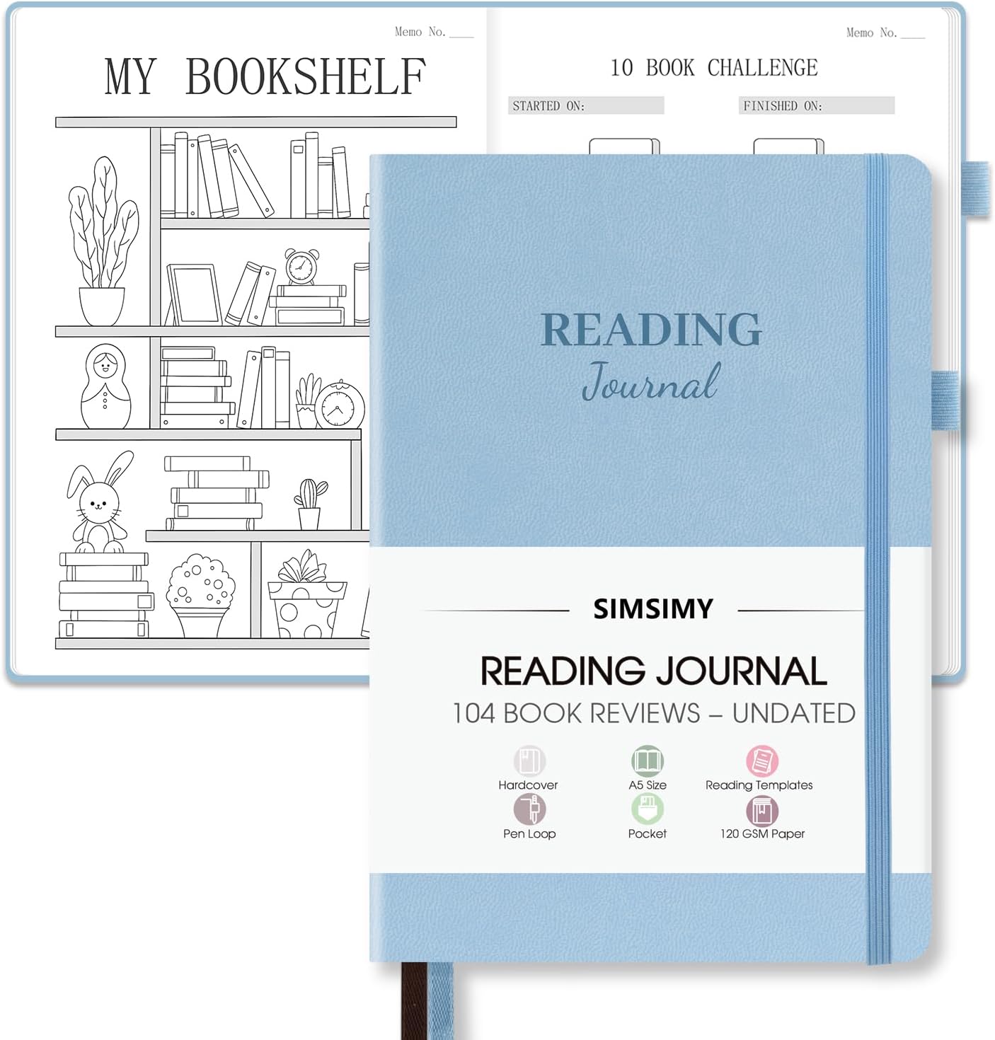 Reading Journal with 104 Book Reviews, Book Journal for Books Lovers & Readers - Review and Track Your Reading Progress, Reading Log Notebook Gift, A5, Blue