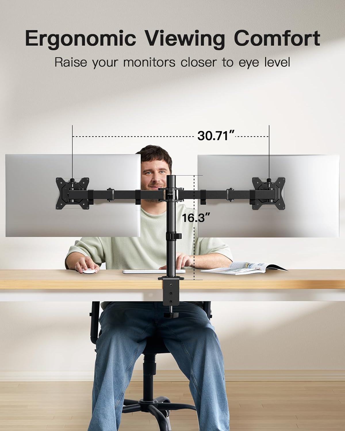 HUANUO Dual Monitor Mount for 2 Monitors up to 30 inches, Heavy Duty Dual Monitor Stand Holds up to 22 lbs, Dual Monitor Arm with Height Adjustable Tilt Swive Rotate, VESA Hole 75mm or 100mm