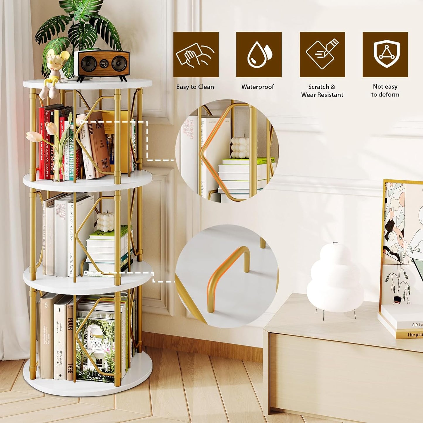 3 Tier Rotating Bookshelf Tower, Revolving Bookcase, 360° Round Spinning Book Shelf, Narrow Swivel Bookshelves Vertical Turning Corner Bookshelf Organizer for Bedroom, Living Room, Gold & White