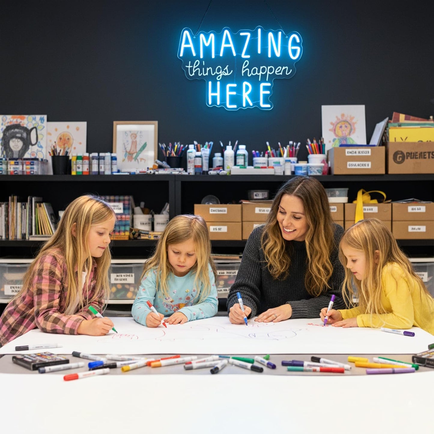 Amazing Things Happen Here Neon Sign – LED Neon Wall Decor with USB Power & Dimmable Brightness, Motivational Neon Light Sign for Bedroom,Office,Classroom,Inspirational Room Decor