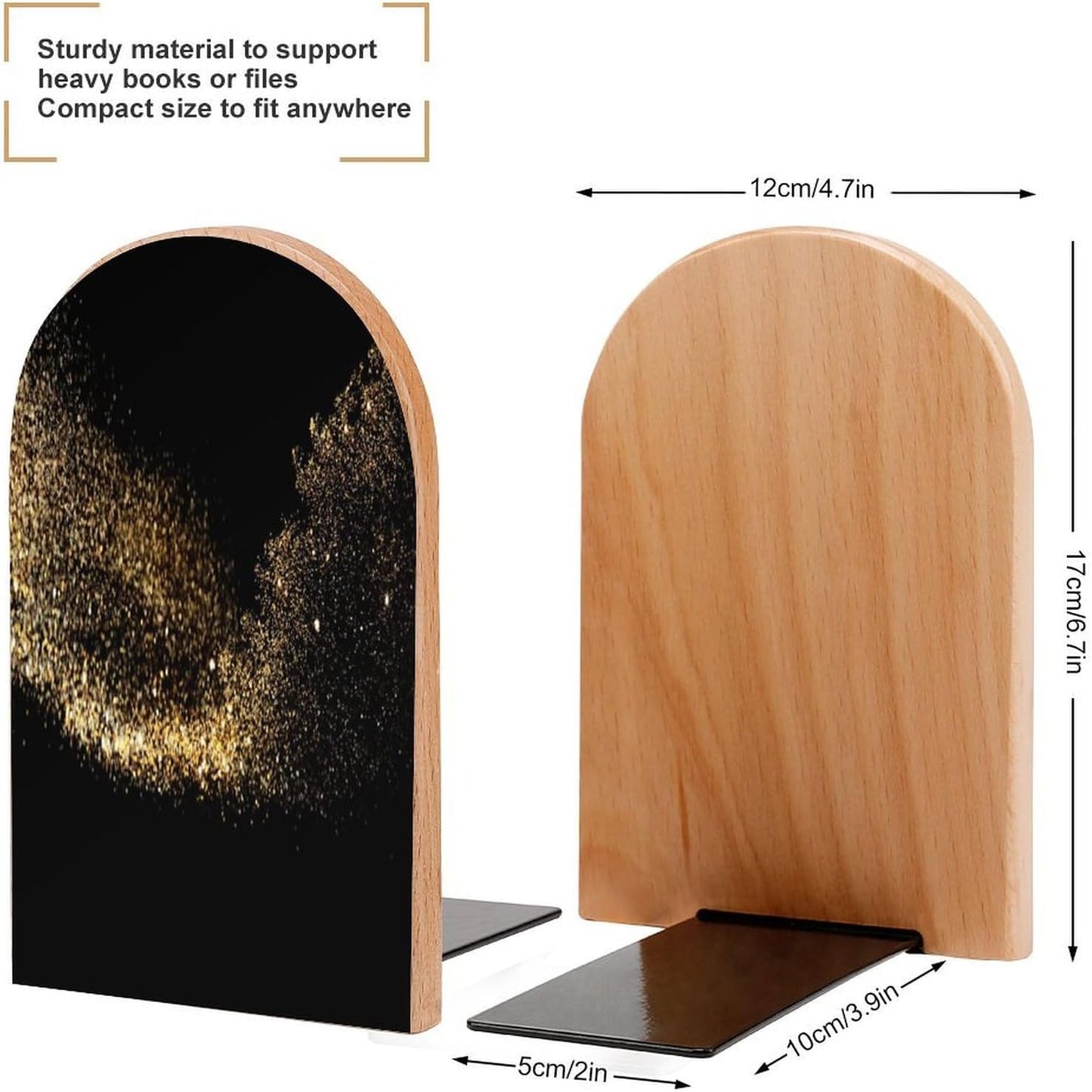 Gold Black Sand Wooden Bookend Non-Slip Book Ends Heavy Duty Book Stopper with Metal Base Books Holderd Decorative Bookends Stands Firmly for Office Supplies