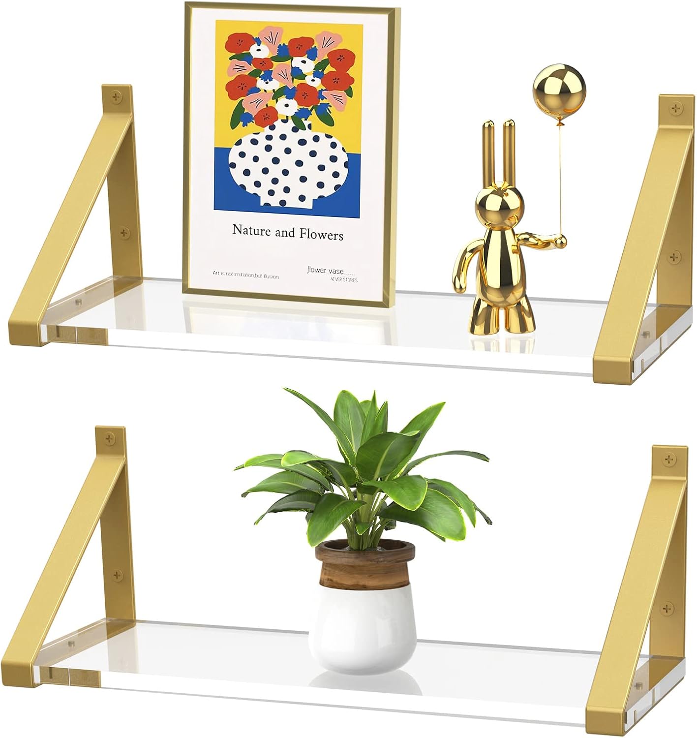 Clear Shelves, Gold Floating Shelves Wall Mounted Set of 2, 8mm Transparent Acrylic, Invisible Wall Shelves for Bedroom, Living Room, Bathroom, Kitchen, Office Display Decor (13in)