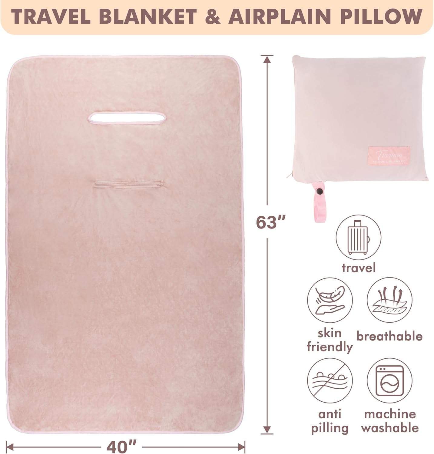 Tirrinia Travel Blanket Airplane Office Poncho 4 in 1 Premium Cozy Fleece Portable Poncho Blankets with Built-in Bag, Pocket