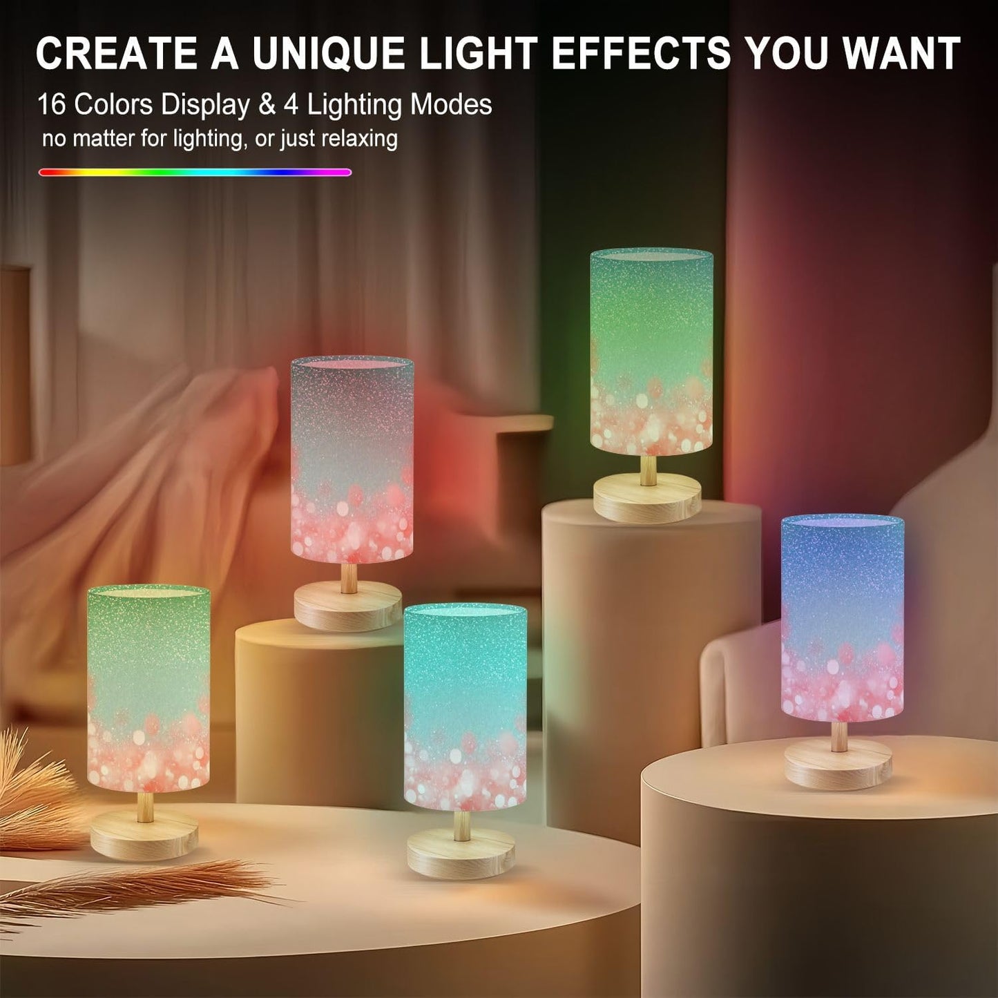 Bedside Table Lamp Fancy Teal Green Glitter Coral Pink Peach Sparkle Turquoise 16-Way Dimmable Small Desk Lamp with Round Flaxen Fabric Shade for Nightstand Bedroom Living Room Home Decor