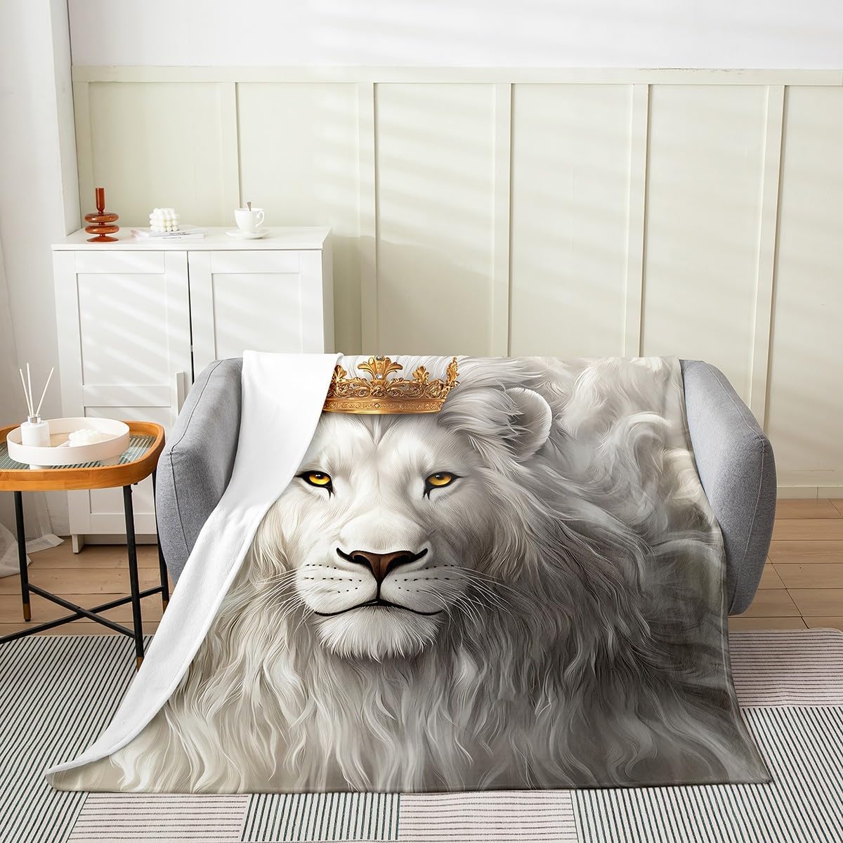 Feelyou White Lion Fuzzy Blanket Throw 50"x60" Safari Print Flannel Fleece Throw Blanket for Sofa Couch Animals Fur Print All Season Bed Blanket Plush Blanket（No Real Fur）