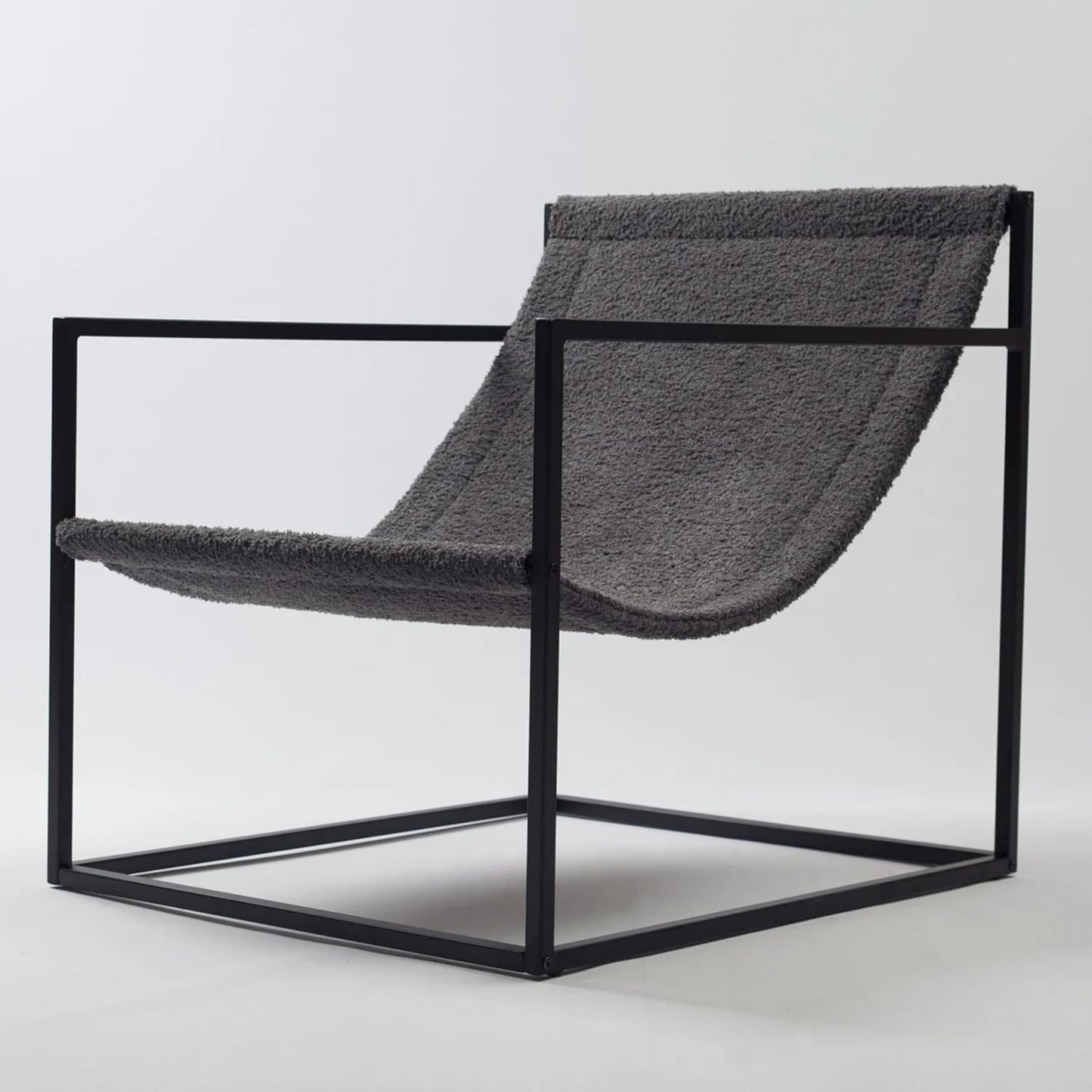 Modern Designer Luxury Boucle Accent Chair with Metal Cube Frame - Minimalist Cozy Lounge Armchair - Relaxing Lazy Hammock Style (Anthracite)