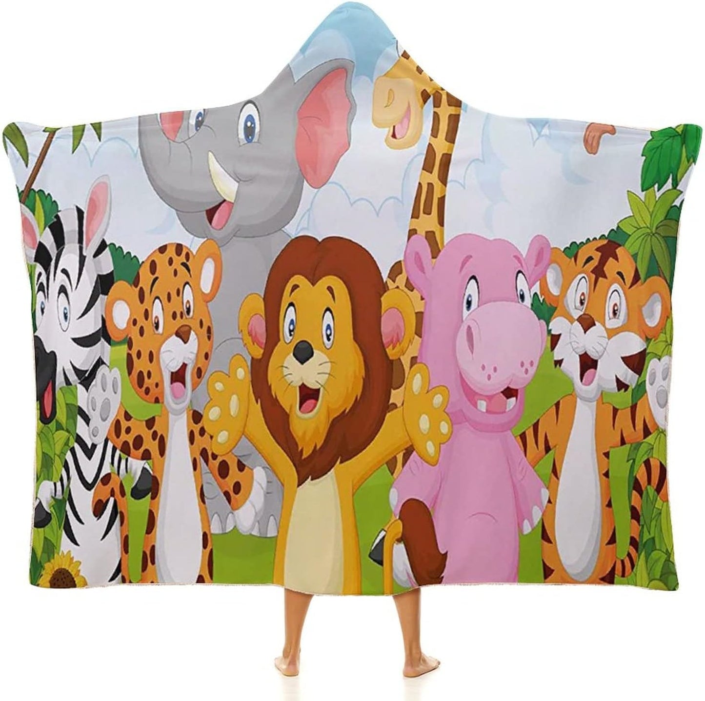 Throw Blankets, Nursery Women Men Hooded Blanket, Comic African Savannah Animals Playful Friendly, Soft Warm Cozy, 50 x 60inches, Studying Reading Snuggling Napping Office, Multicolor