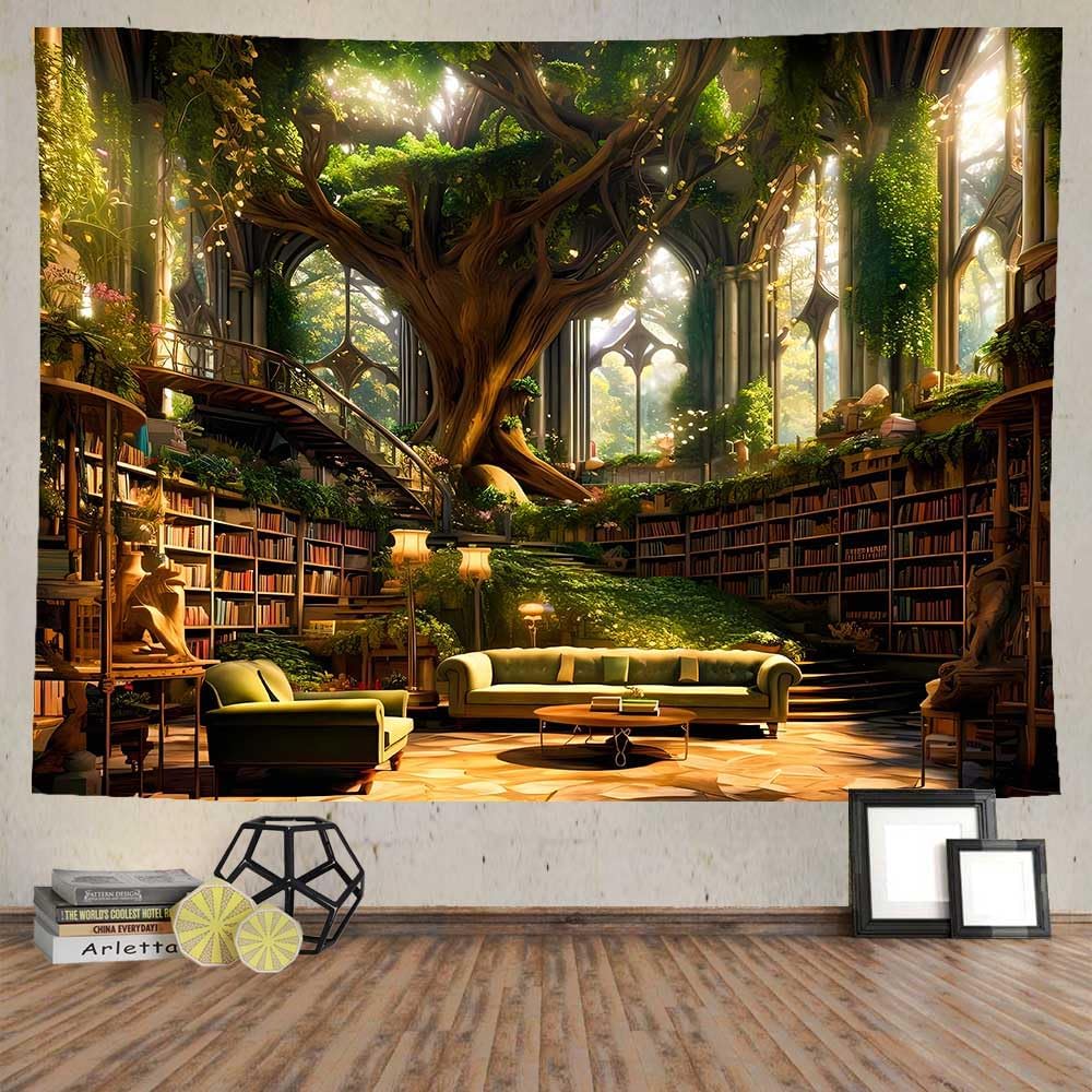 Ine Ive Fantasy Library Tapestry Magic Tree Bookshelf Medieval Palace Tapestries Wall Hanging 80x60inch Fairytale Tree Books Reading Poster Aesthetic for Bedroom Dorm Home Decorations