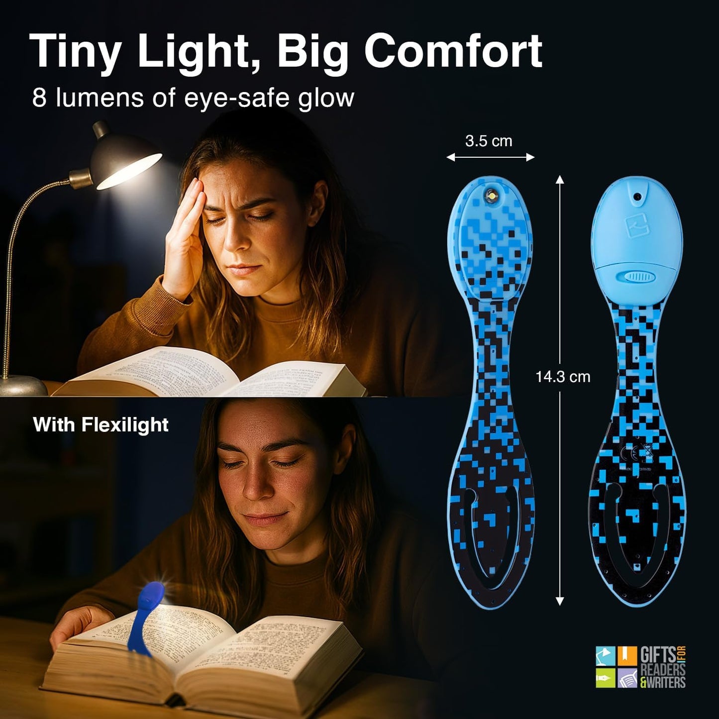 Gifts for Readers & Writers Book Light, Clip On Reading Light for Bed, 2in1 Flexilight & Bookmark, Small & Lightweight with a Soft Glow, 2 Batteries Included, Blue Digital