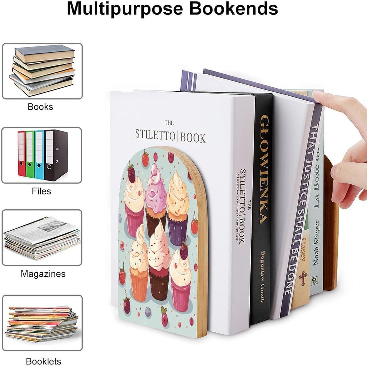 Delicious Cupcakes Bookend for Shelves Wooden Book End Large Size Sturdy Book Holders Stoppers with Metal Base for Bookshelves Slick Decorative Bookends Stands