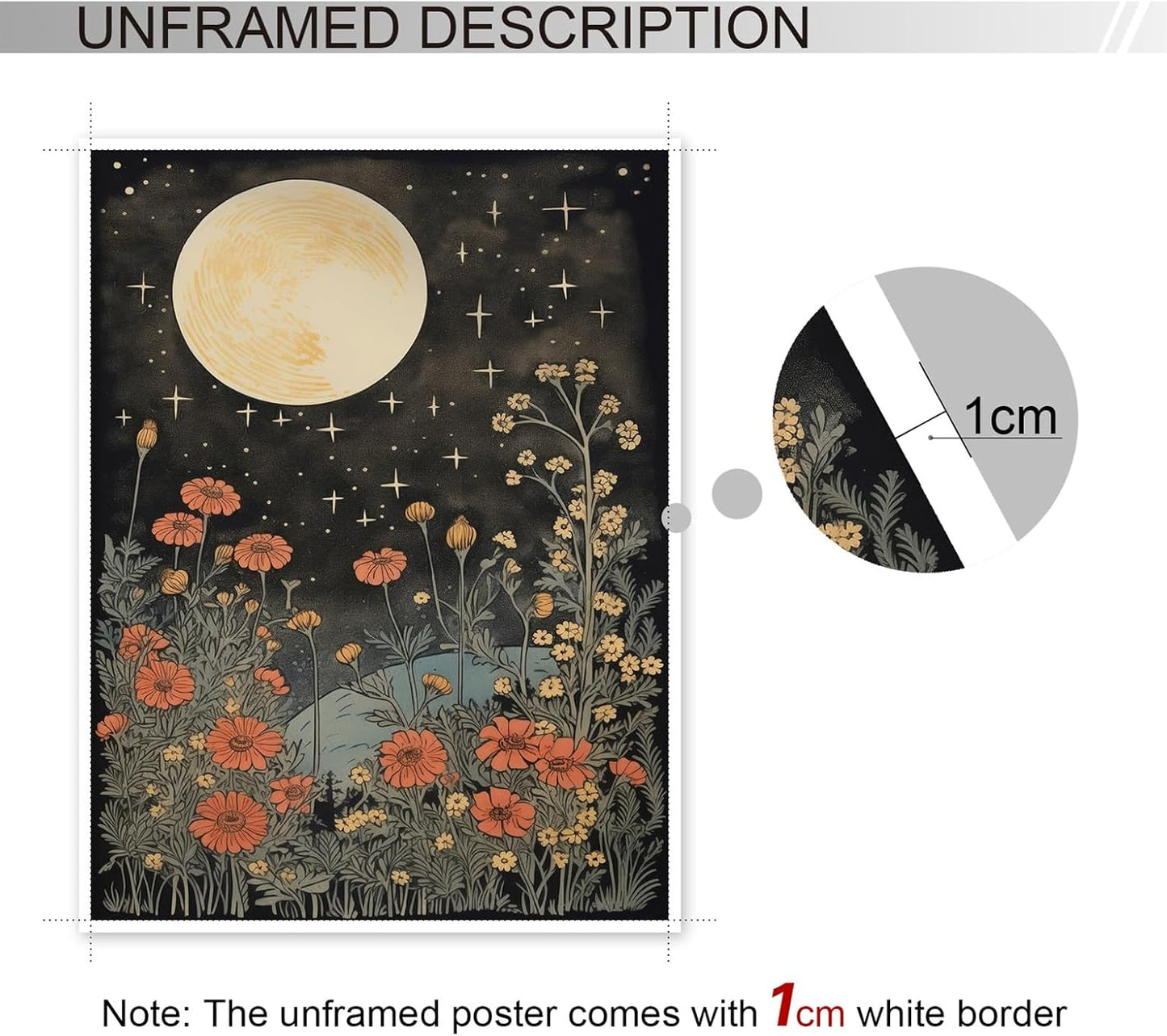 Vintage Moon Flowers Canvas Wall Art, Retro Mystical Celestial Moon Poster, Rustic Orange Yellow Wildflower Field Print, Cottagecore Ethereal Moonlight Botanical Floral Wall Decor 12x16in Unframed