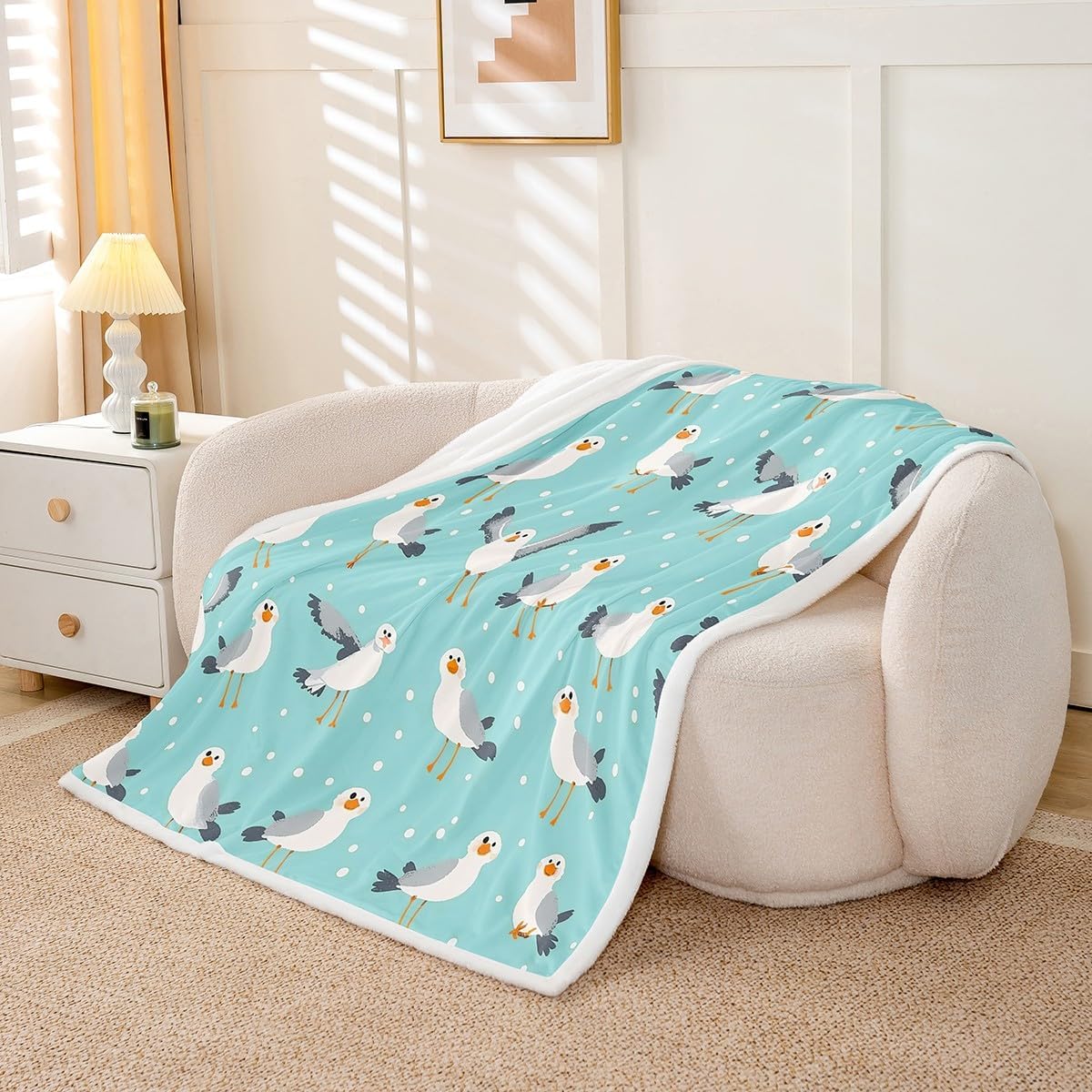 Feelyou Kids Seagull Throw Blanket Cute Ocean Animal Sherpa Blanket for Girls Boys Bedroom Teal Blue Marine Sea Bird Decor Fleece Blanket White Polka Dots Fuzzy Plush Blanket Throw 50"x60"
