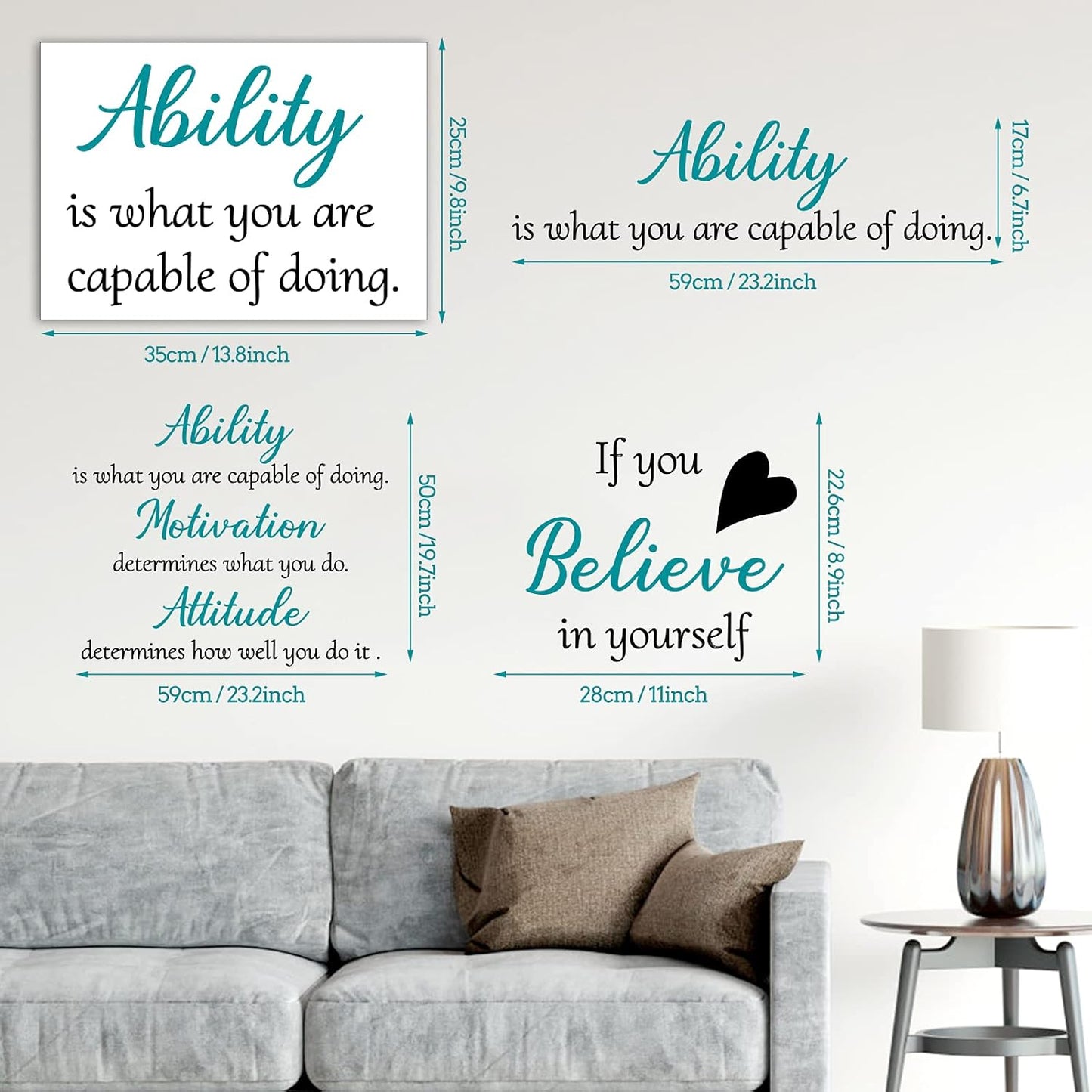3 Sheets Vinyl Wall Quotes Stickers,Inspirational Saying Wall Decals Ability Motivation Attitude Quotes Stickers for Home Office School Classroom Teen Dorm Room