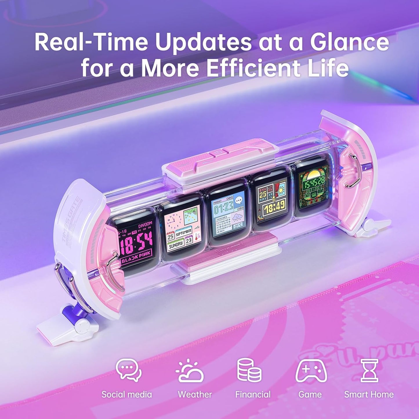 Divoom Times Gate - Cute Gaming Digital Clock with Smart App-Controlled, Support Weather Forecast, Stock Market/Exchange Rate, Social Media, Pixel Art Display for Gamers & Home Office Decor (Pink)