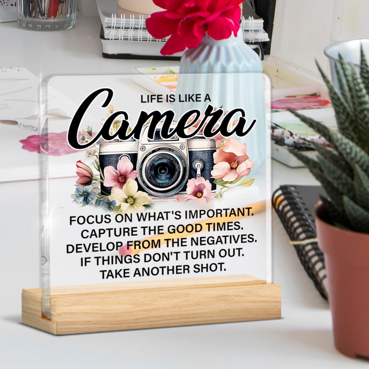 Inspirational Gifts for Women, Motivational Gifts for Besties Friends, Life Is Like a Camera Acrylic Desk Sign Home Decor Office Clear Desk Sign