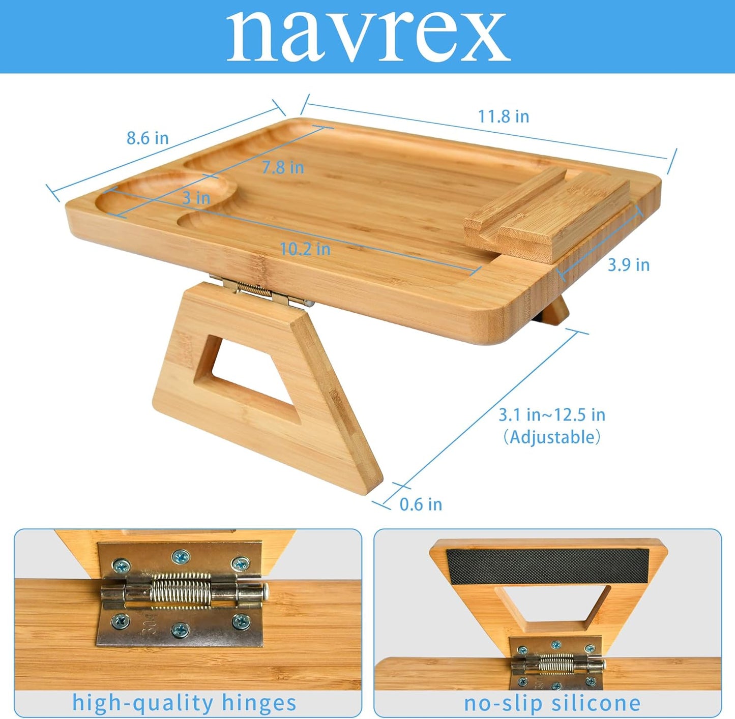 Couch Arm Tray Table Clip on Sofa, Armrest TV Tray Table with 360° Rotating Phone Holder, Solid Bamboo Side Table for Wide Couches Arm, Gift for Mom Dad or Friends