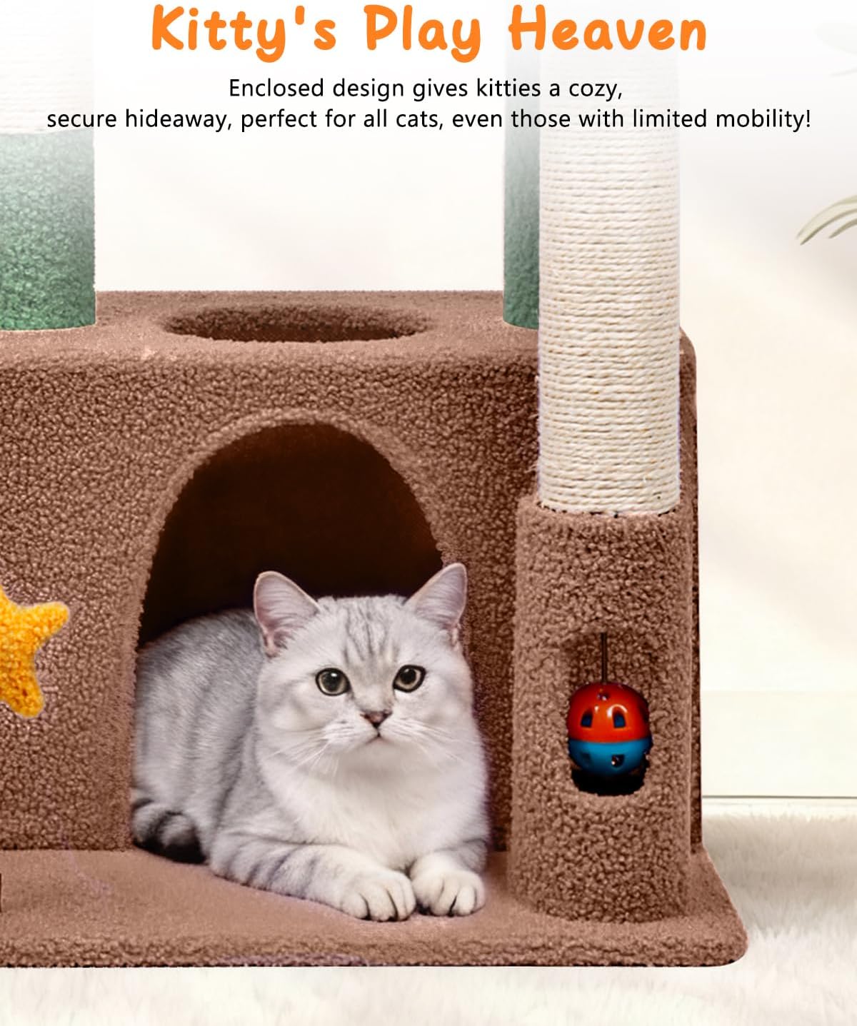 31" Cute Cat Tower for Indoor Kittens with Cat Condo, Plush Platform, Hammock, Sisal Scratching Posts, Dangling Ball, Tall Cat Tree Tower with Self-Grooming Brush (Olive Green)