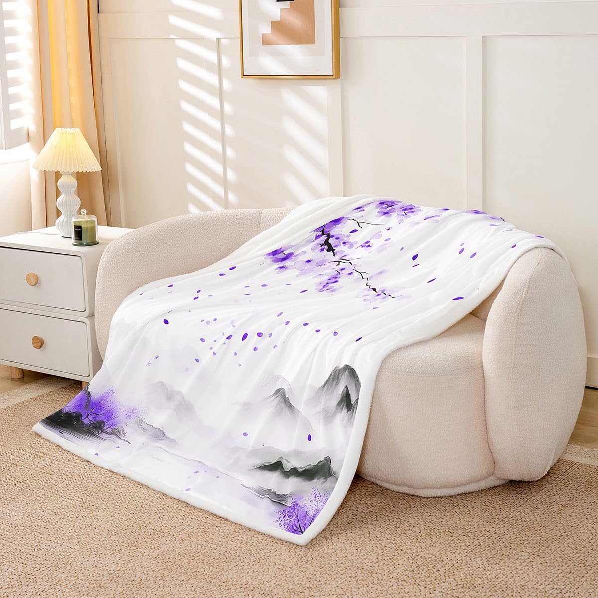 Feelyou Japanese Sherpa Throw Blanket for Couch Purple Mountain Super Soft Cozy Fleece Trees Natural Scenery Art Blanket for Winter, Plush Throw Nature Lover Gift Twin 60"x80" All Season