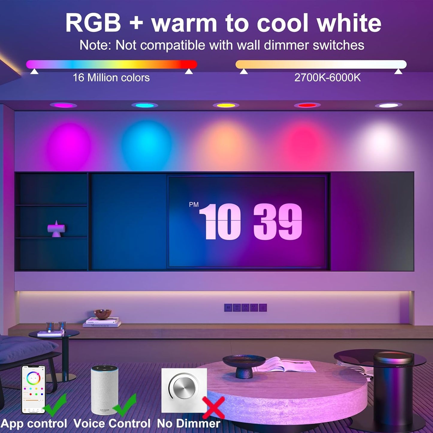Smart Recessed Lighting, 5/6 inch, Compatible with Alexa, Smart LED Downlight, ‎13W 1050LM Led Lights, Smart Can Lights Multicolor APP Dimmable, 4-Pack