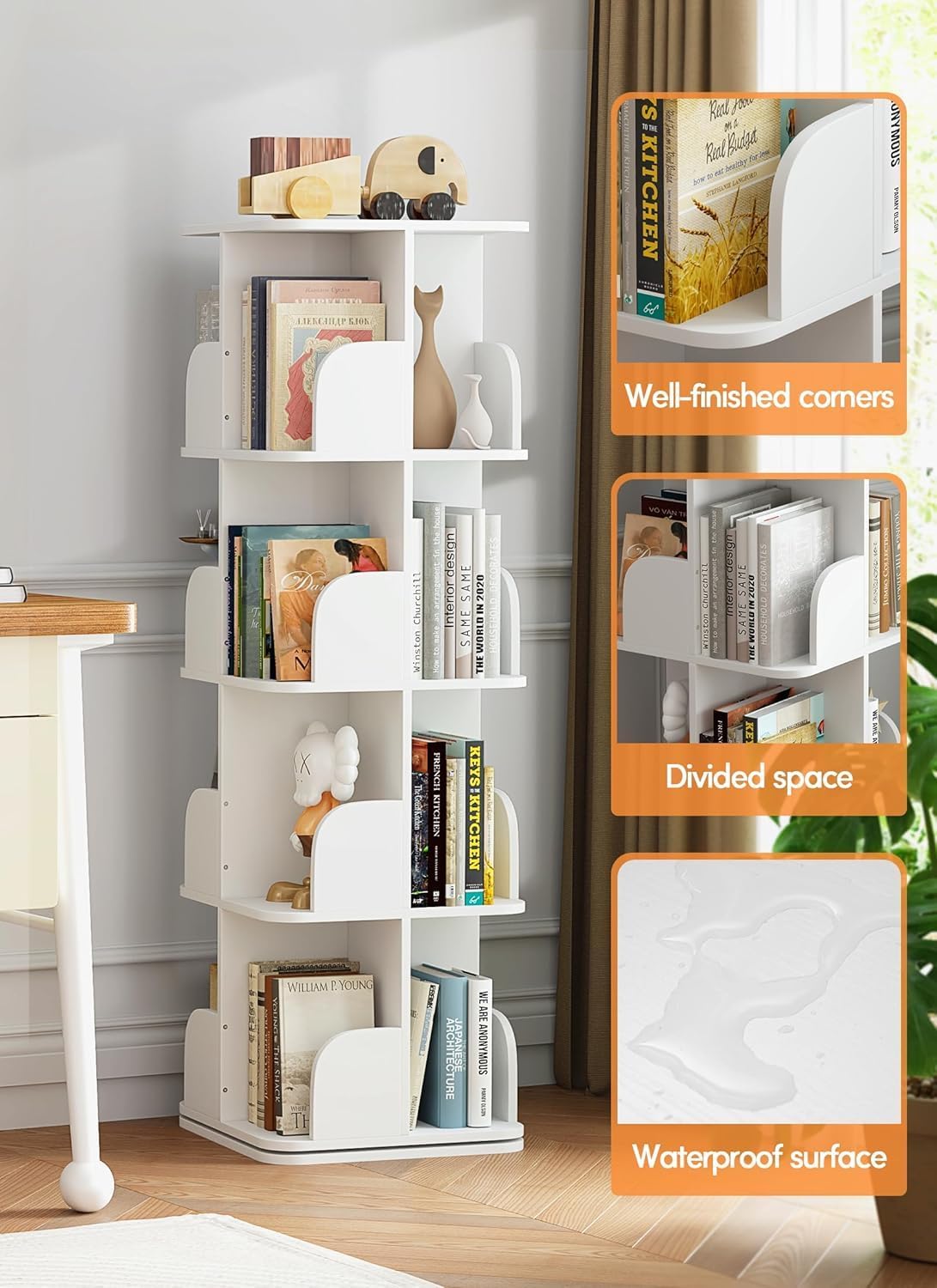 Rotating Bookshelf Tower, 4 Tier Spinning Square Bookshelf for Small Spaces, 360 Display Kids Bookshelves, Revolving Bookcase Floor Standing Storage Rack, White