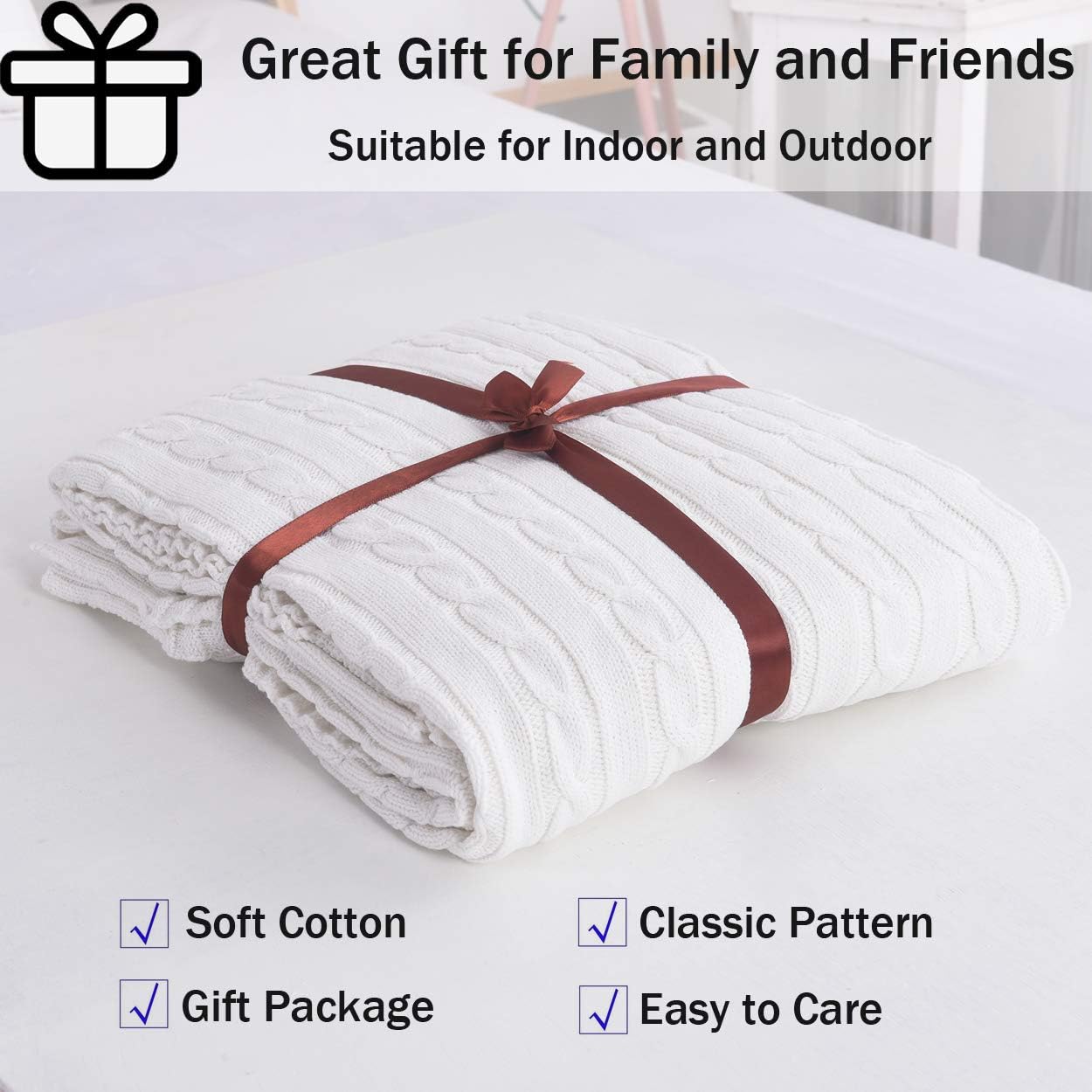 Cotton Cable Knit White Throw Blanket, Super Soft Warm Knitted Throw Blanket for Couch, Sofa, Chair, Bed - Extra Cozy, Machine Washable Comfortable Home Decor