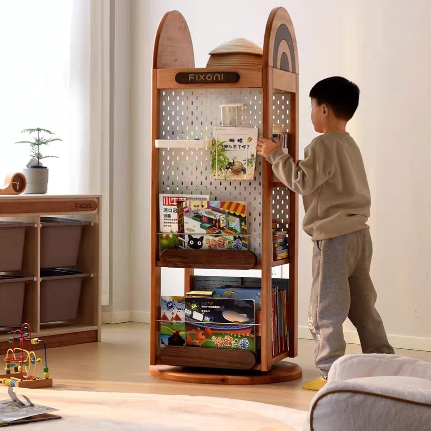 Rotating Bookshelf, Corner Shelf, Corner Bookshelf with Pegboard, Made of Solid Wood, Suitable for Children's Rooms, Study Rooms, Bedrooms, and Bookcases