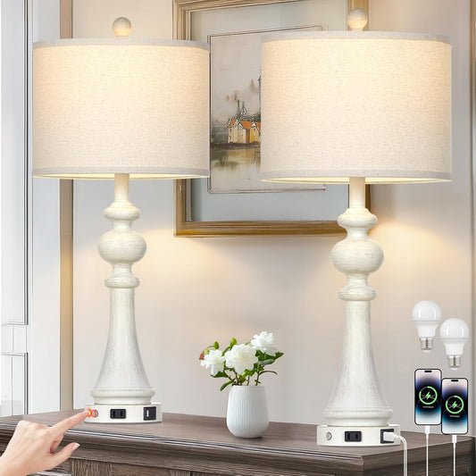 28" Farmhouse Table Lamps Set of 2, Vintage Bedside Lamps with USB A+C Charging Ports & AC Outlet, 3-Way Dimmable Touch Control Nightstand Lamp for Living Room Bedroom Wash White(2 LED Bulbs Included)