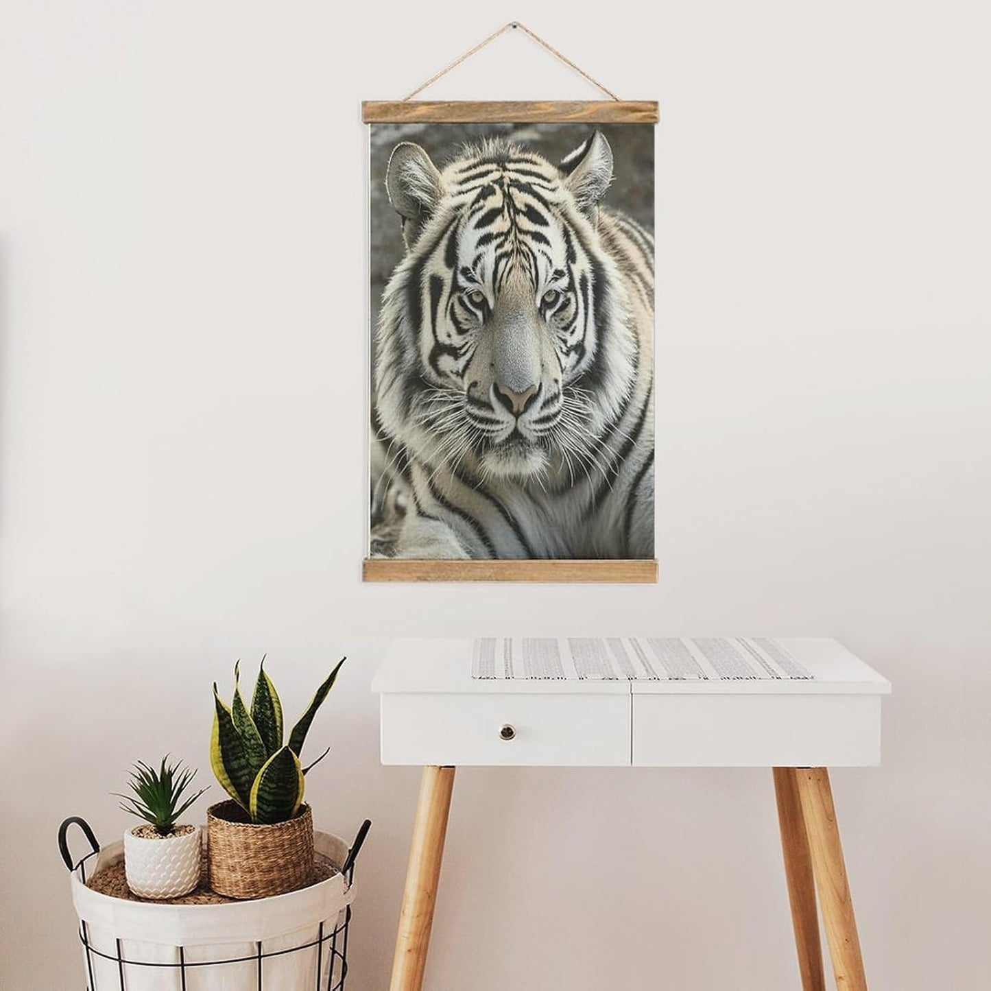 Vintage Black And White Tiger Poster with Wooden Frame Personalized Linen Hanging Scroll Painting Rustic Wall Hanging Illustrative Modern Artwork Decor for Home Living Room Bedroom Office