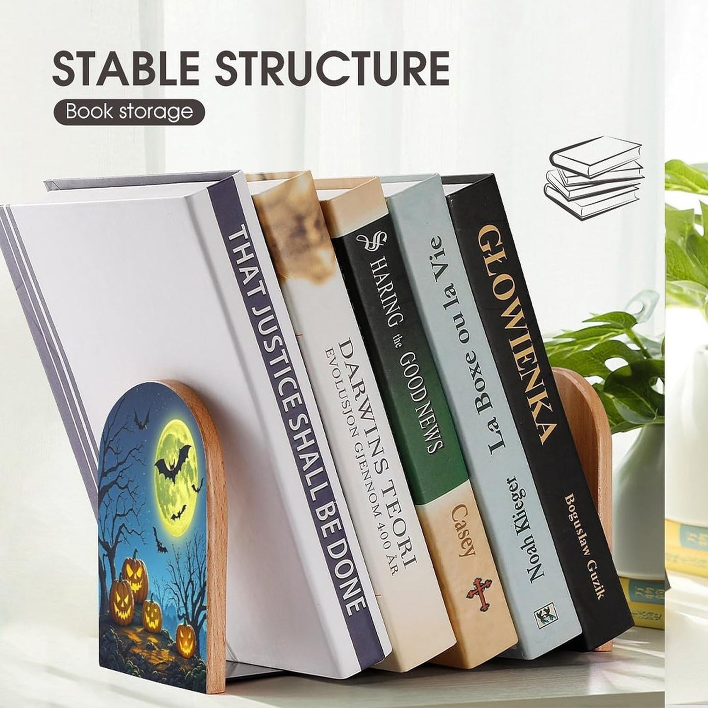Strange Night Bookends 1 Pair Heavy Duty Book Ends for Shelves Non-Skid Bookend Supports Wooden Book Holders with Metal Base Desk Organizers Books Storage to Hold Books