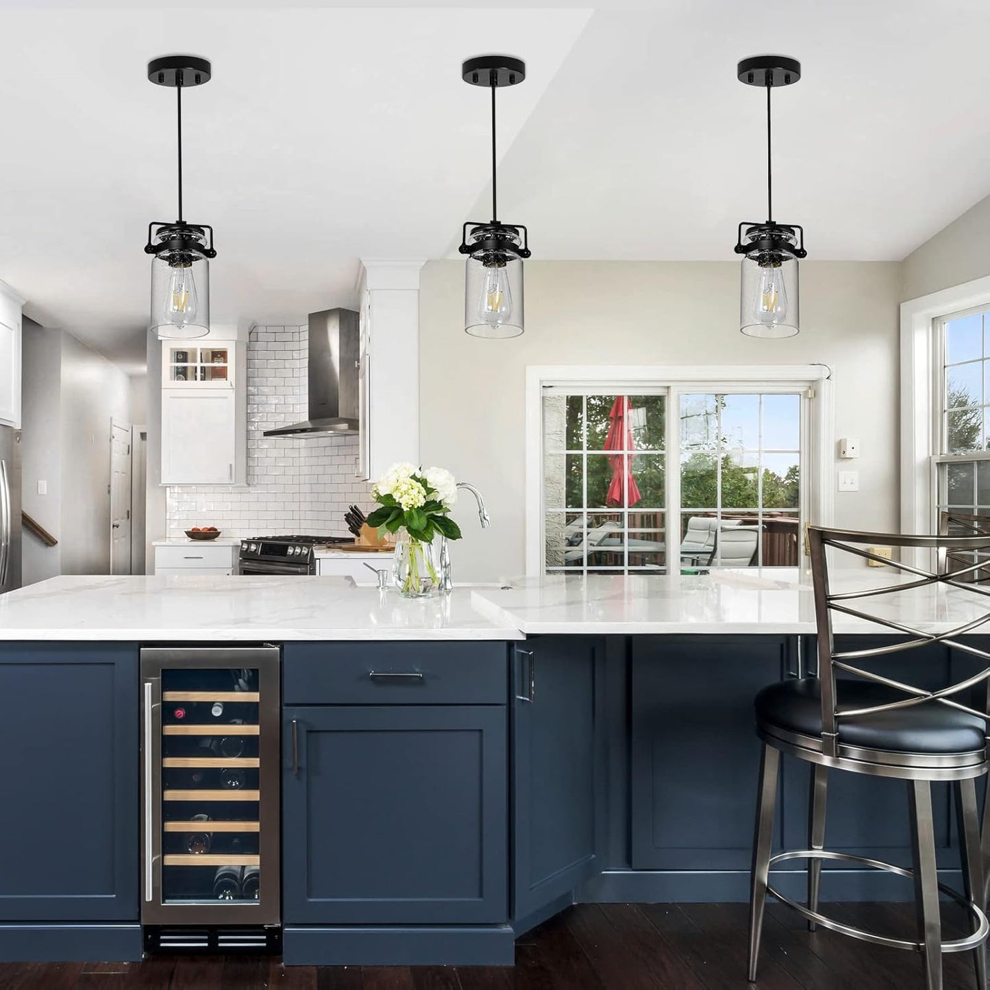 Pendant Lighting for Kitchen Island, Modern Glass Pendant Light Linear Chandelier for Dining Room, 1 Light Industrial Hanging Light Fixture Adjustable Cord Farmhouse Ceiling Light Black Finish