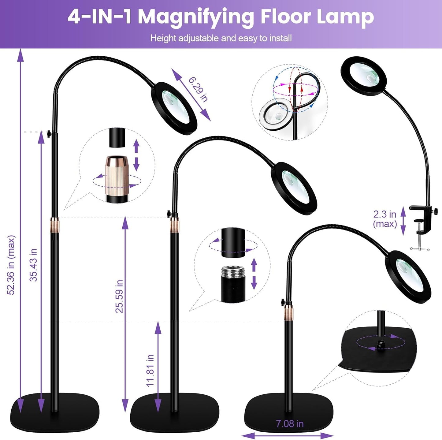30X 12X Magnifying Glass with Light and Stand, 3-Color Stepless Dimmable LED Magnifying Floor Lamp, 24" Gooseneck Adjustable Swing Arm Lighted Magnifier Lamp with Clamp for Reading Esthetican