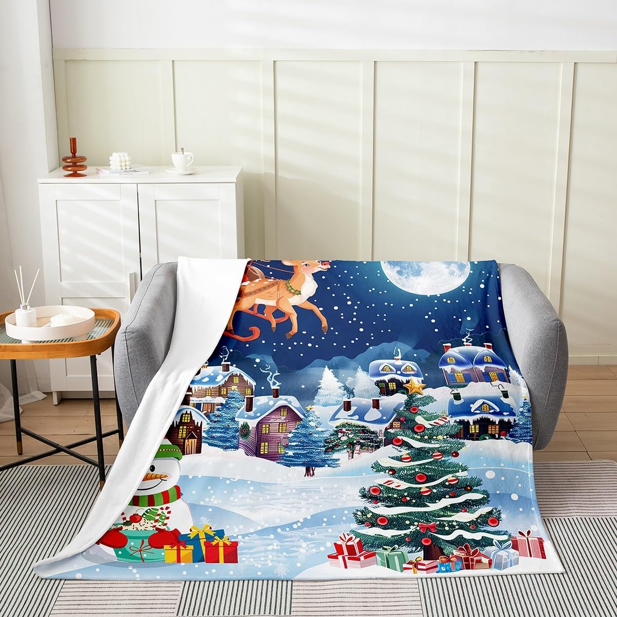 Erosebridal Winter Christmas Throw Blanket Queen 90X90 Santa Claus Christmas Tree Fleece Blanket Snowman Reindeer Deer Blanket Rustic Farmhouse Christmas Ornaments Flannel Blanket