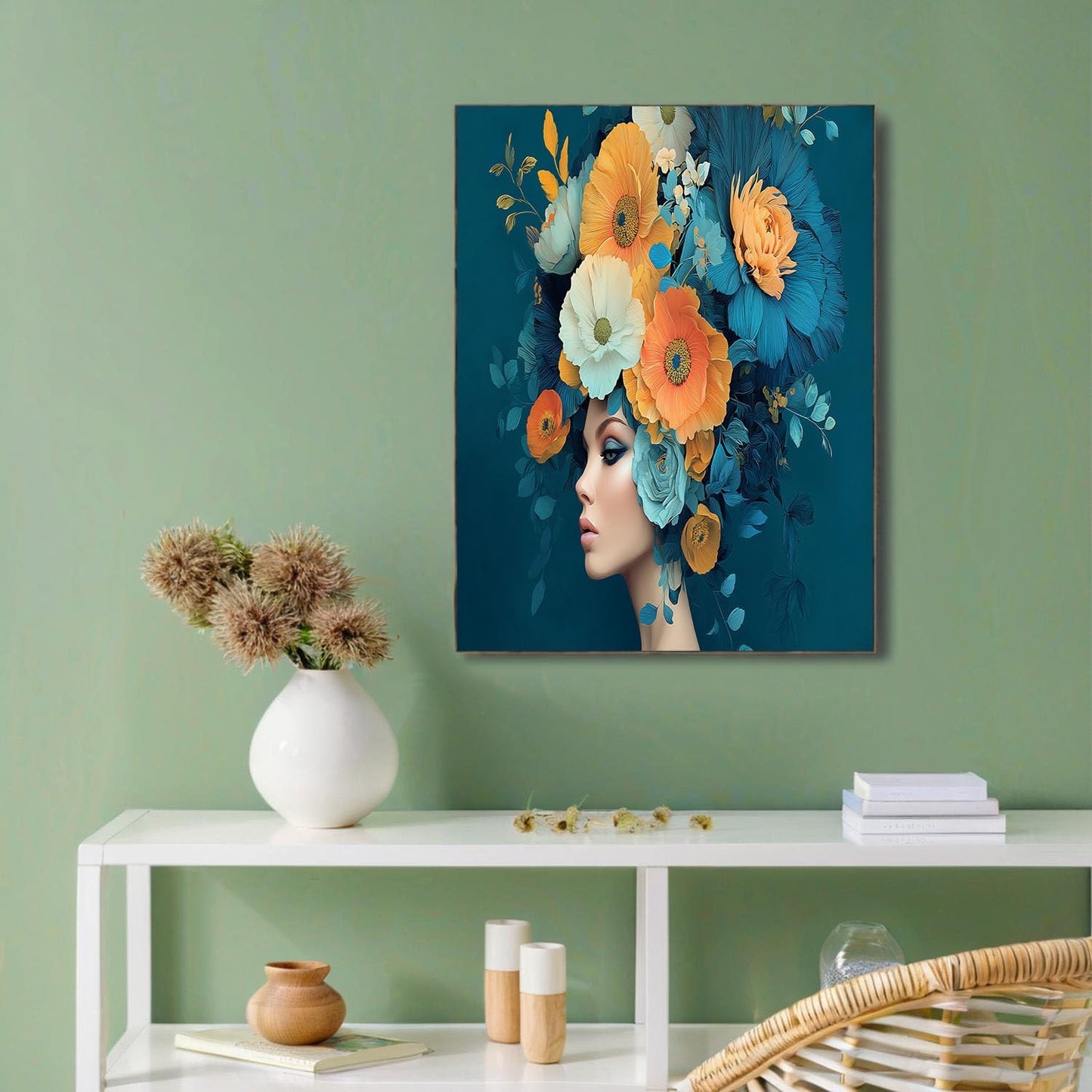 GDJSMIN Fantasy Woman Illustration Wall Art, Fantasy Flower Headdress Poster for Reading Room Living Room Decor 12x 16 inch Unframed