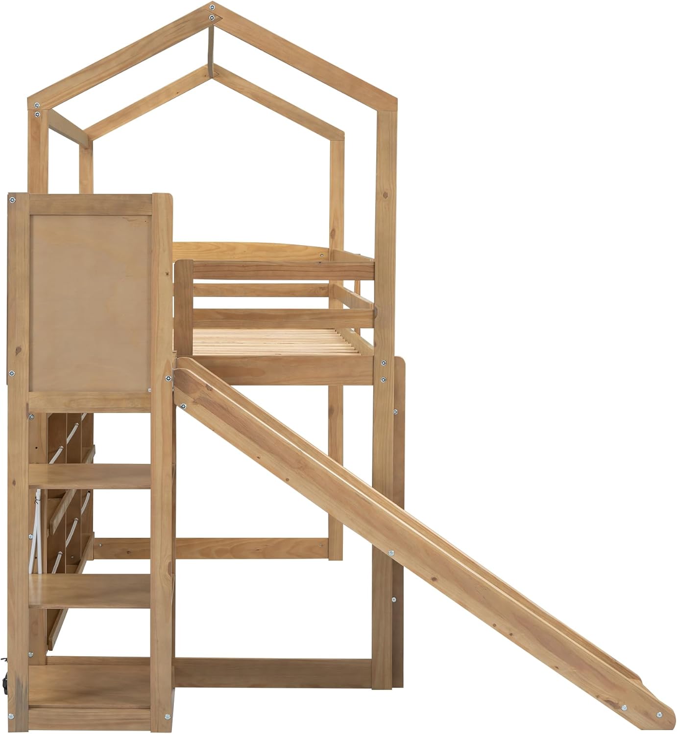Modern Style 96.1" L Twin Size Wood Frame Loft House-Shape Bed,with Slide, Storage Shelves and Light, Climbing Ramp, Wood Color,1pcs
