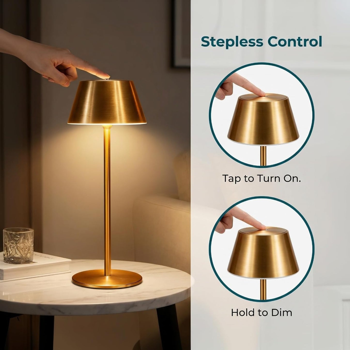 2 Pack Gold Cordless Table Lamp, All-Metal Brushed Finish Brass Cordless Table Lamp, Rechargeable with Long Battery Life, Touch Control Accent Light for Bedside, Dining Table, Living Room, Patio& Bar