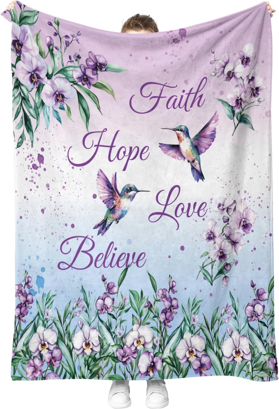 Hummingbird Floral Bird Blanket Purple Flowers Gifts for Women Kids Girls Mom Wife Female Friends Birthday Spring Room Decor Colorful Soft Plush Throw Blankets 50"x60"