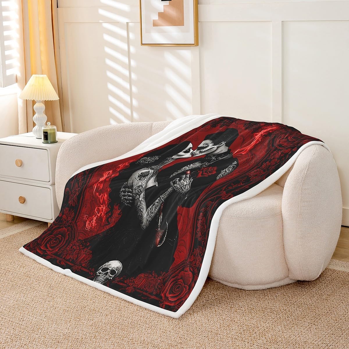 Erosebridal Skull Couple Blanket,Kissing Lovers Skeleton Throw Blanket 40x50,Vintage Rose Flower Fleece Blanket,Gothic Spooky Lover Sherpa Blanket Valentine's Day Fuzzy Blanket