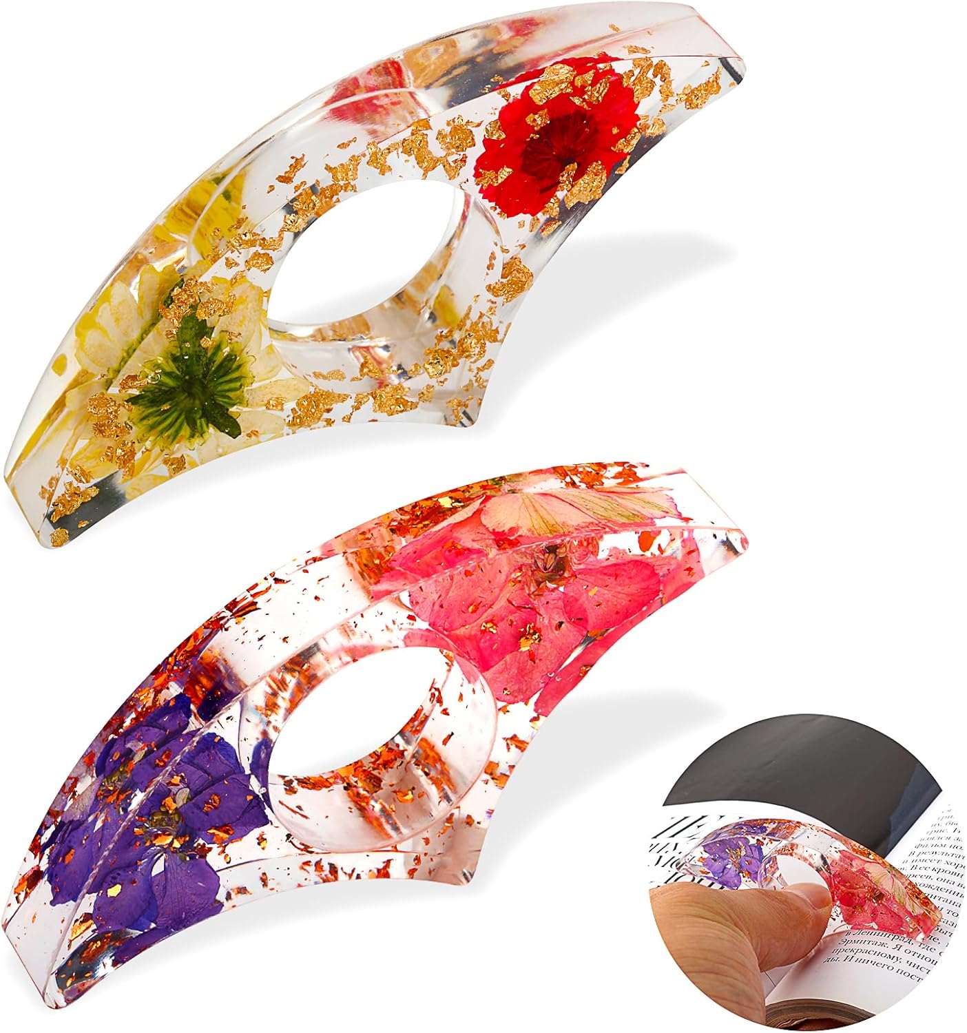 TIESOME Dried Flower Book Page Holder, 2 Pcs Resin Clear Floral Book Holder Thumb Reading Ring Book Opener Reading Accessories for Readers Book Lovers Bookworm Bookmarks (Style-B)