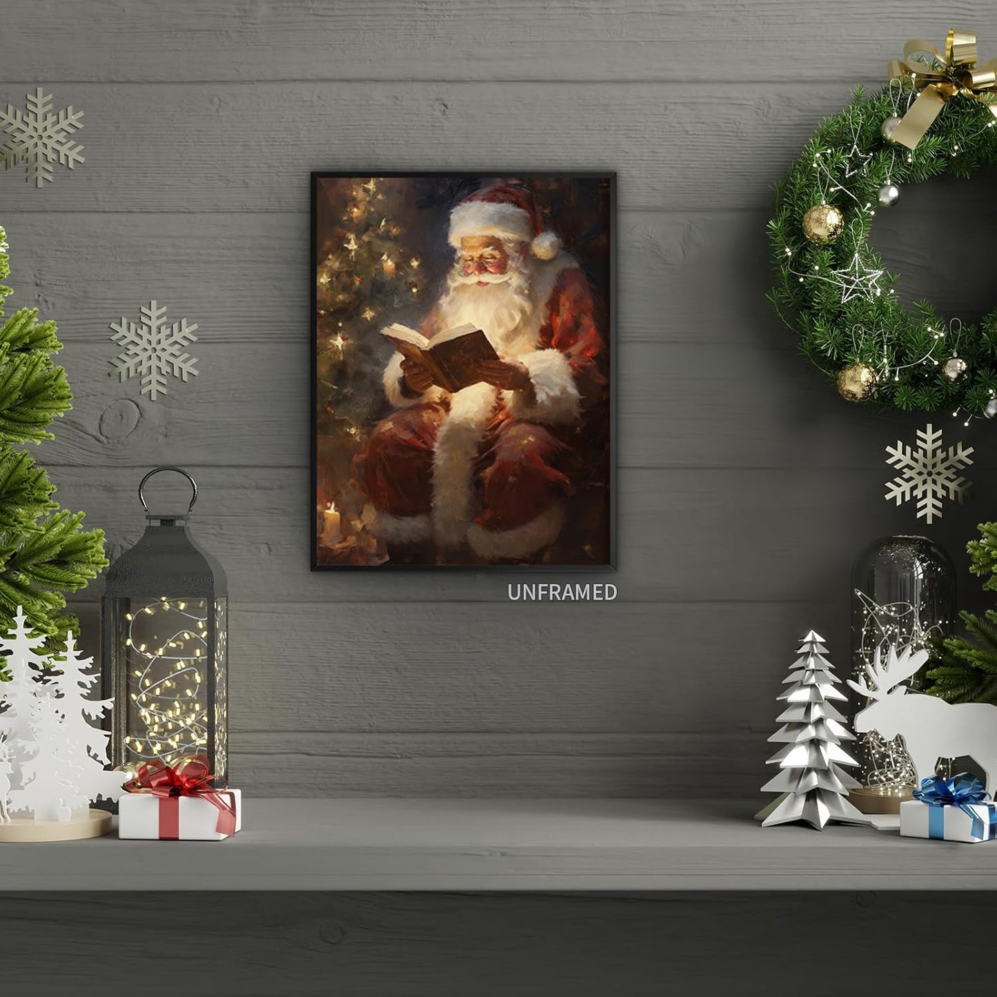 Wodkodnxy Vintage Christmas Canvas Wall Art, Santa Claus Reading Book Pictures for Wall Decor, Christmas Poster Santa Picture, Xmas Wall Decorations 16x24in Unframed