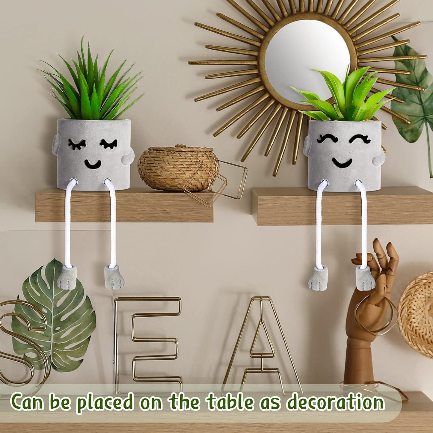 Artificial Potted Plant Faux Succulent Plant Cubicle Decor Cute Fake Desktop Plant Hanging Leg Cement Potted Decor for Bookshelf Bedroom Living Room Office Decor (Simple Style,2 Pcs)