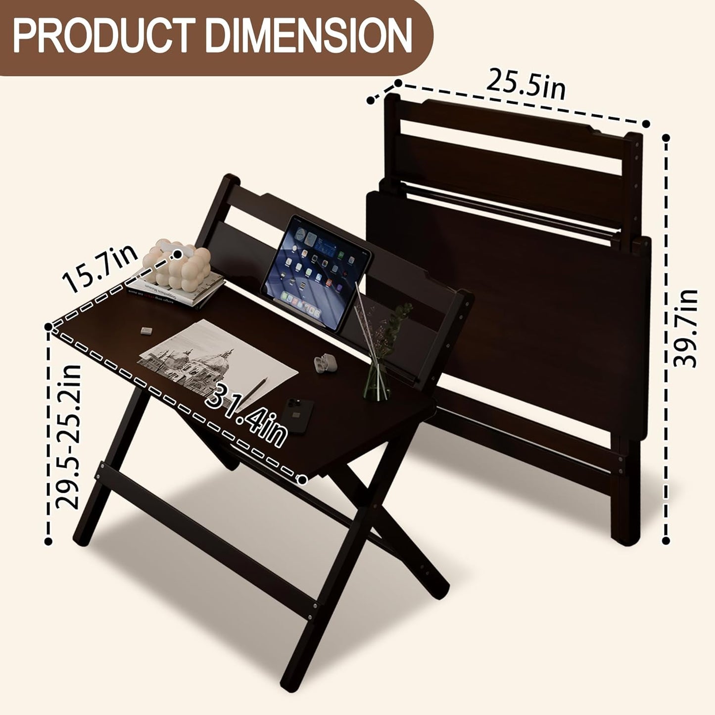 Bamboo Foldable Desk, 31" Portable Oversized Desk with 3 Adjustable Heights, Home Office Computer Desk with Reading Shelf, Perfect Furniture for Living Room & Bedroom, No Assembly (Walnut)