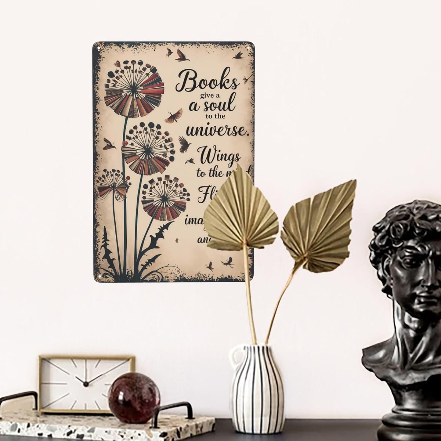 Humorous phrase wall art featuring Love Reading Book Gives Soul Universe Wings To The Mind Metal Wall Sign With Vintage Coating Ideal For Library Decor 8x12 inch metal sign for apartment or dorm