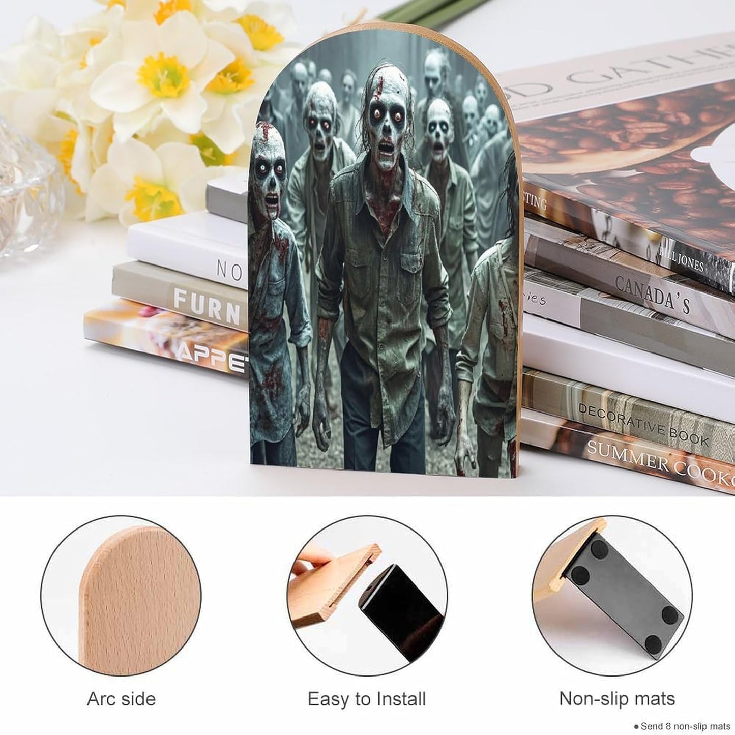 Many Zombie Bookends 1 Pair Heavy Duty Book Ends for Shelves Non-Skid Bookend Supports Wooden Book Holders with Metal Base Desk Organizers Books Storage to Hold Books