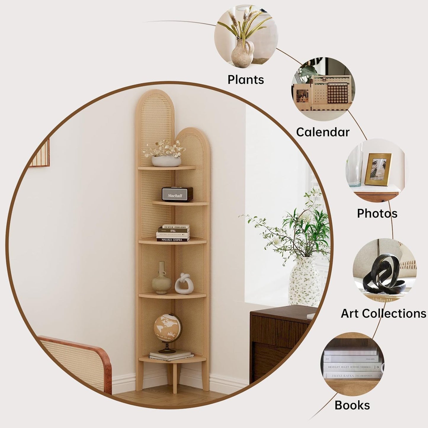 5-Tier Solid Wood Rattan Corner Shelf, Boho Chic Arc Design for Display & Storage, Perfect for Living Room, Bedroom, Bathroom, Natural Brown, 69.29 Inch Tall